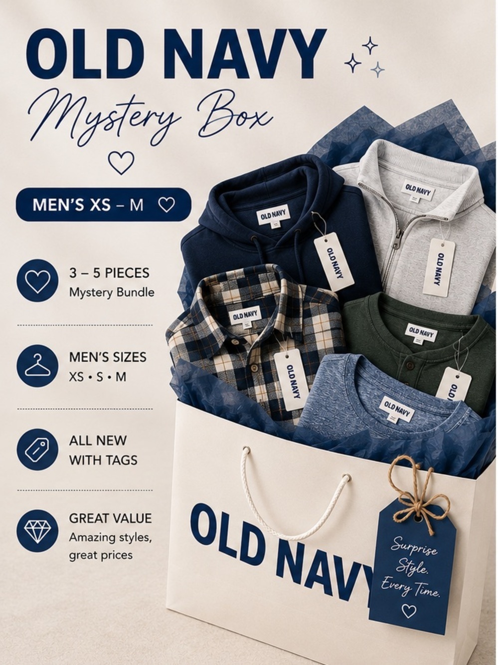 🎁 OLD NAVY Standard Mystery Box • 3–5 Pcs • Men’s Sz XS to Medium • NWT Only